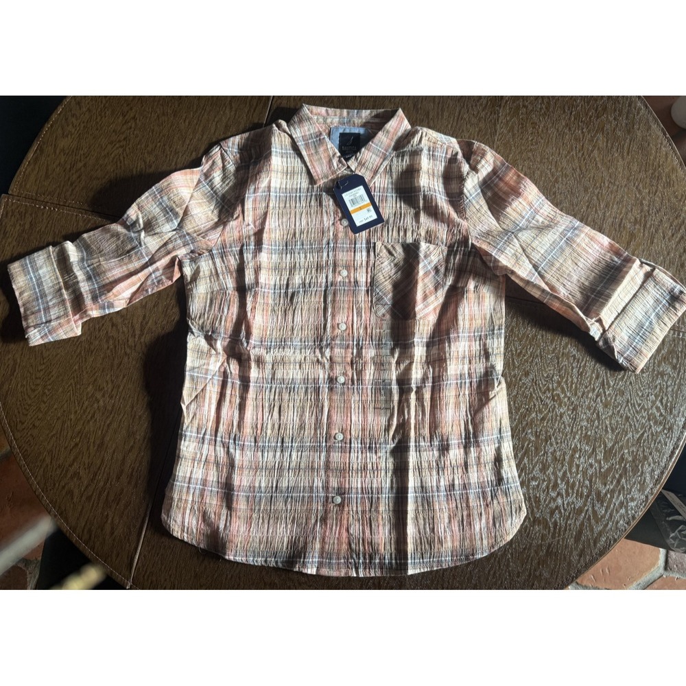 Nautica Women's Plaid Button Down Shirt Size S NWT Crinkle Seersucker 3/4 Sleeve
